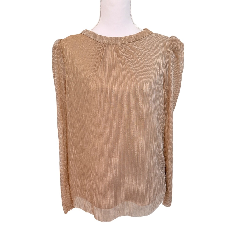 CeCe‎ Plisse Blouse Womens Large Gold Metallic Long Sleeve V-Back Puff Shoulder